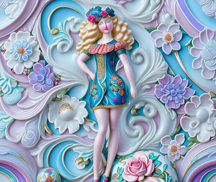 Colorful Ceramic Relief Sculpture of Stylized Woman with Floral Patterns