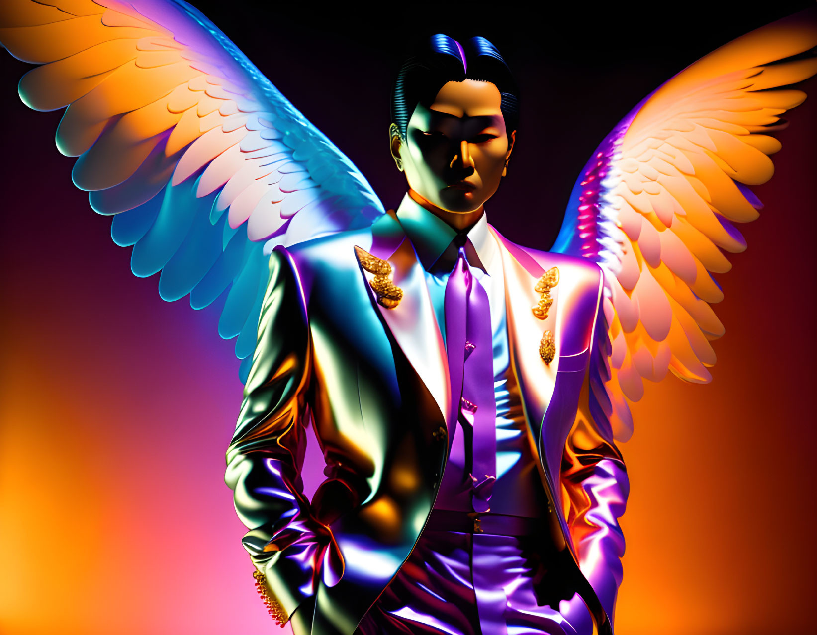 Person with metallic skin and angelic wings in vibrant suit on warm gradient background