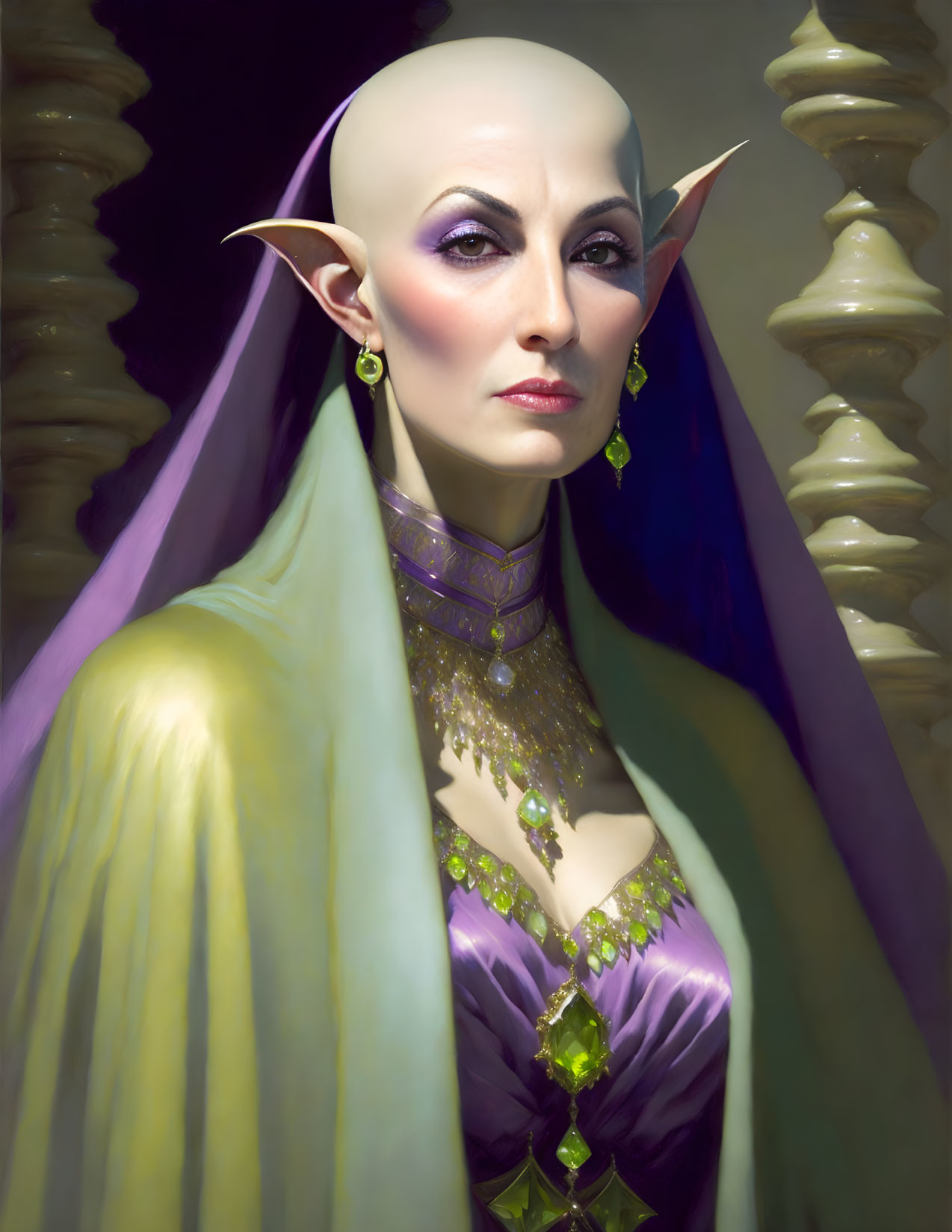 Elegant bald elven woman in purple dress with pointed ears