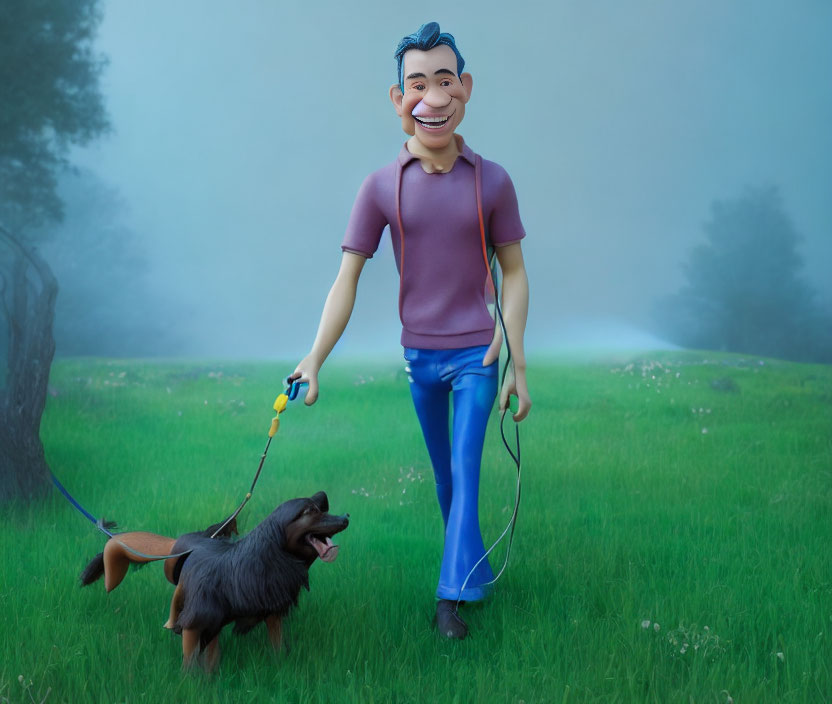 3D illustration of happy man walking dog in misty green park