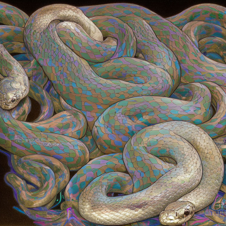 Iridescent Snakes with Mosaic Scales in Blues, Greens, and Pinks