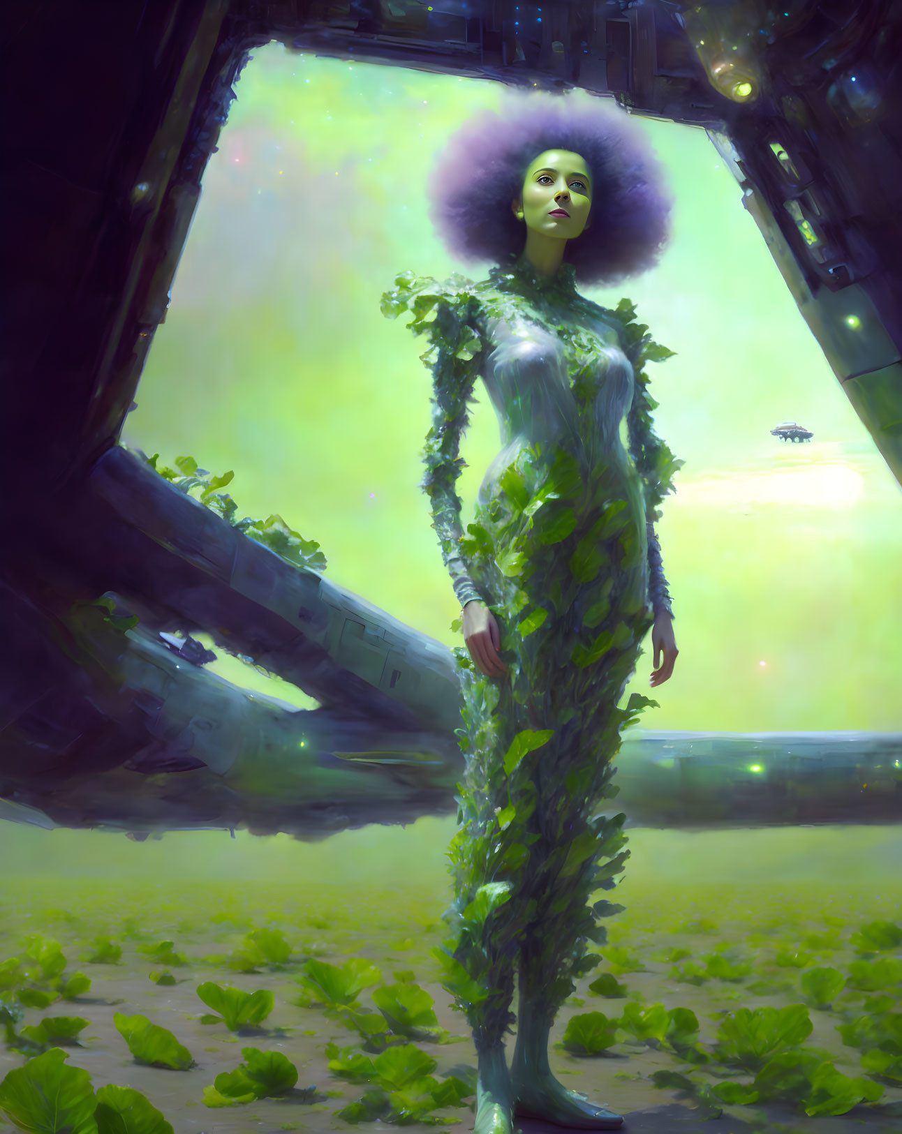 Surreal portrait of woman with afro in luminous vines, futuristic green-lit setting.