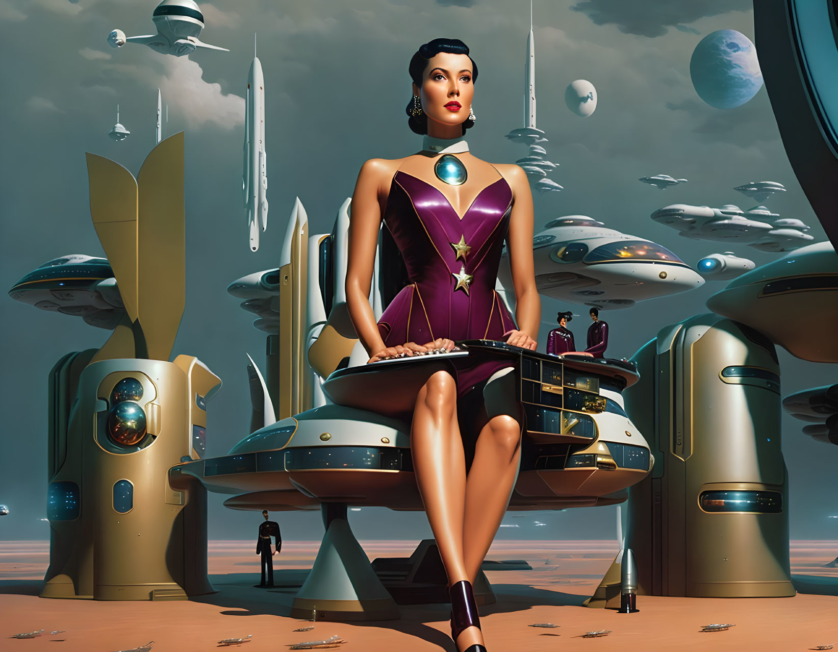 Futuristic stylized scene: Woman in purple outfit on balcony overlooking desert cityscape