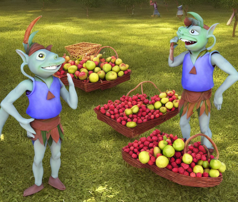 Blue-skinned animated trolls in orchard with colorful fruits baskets