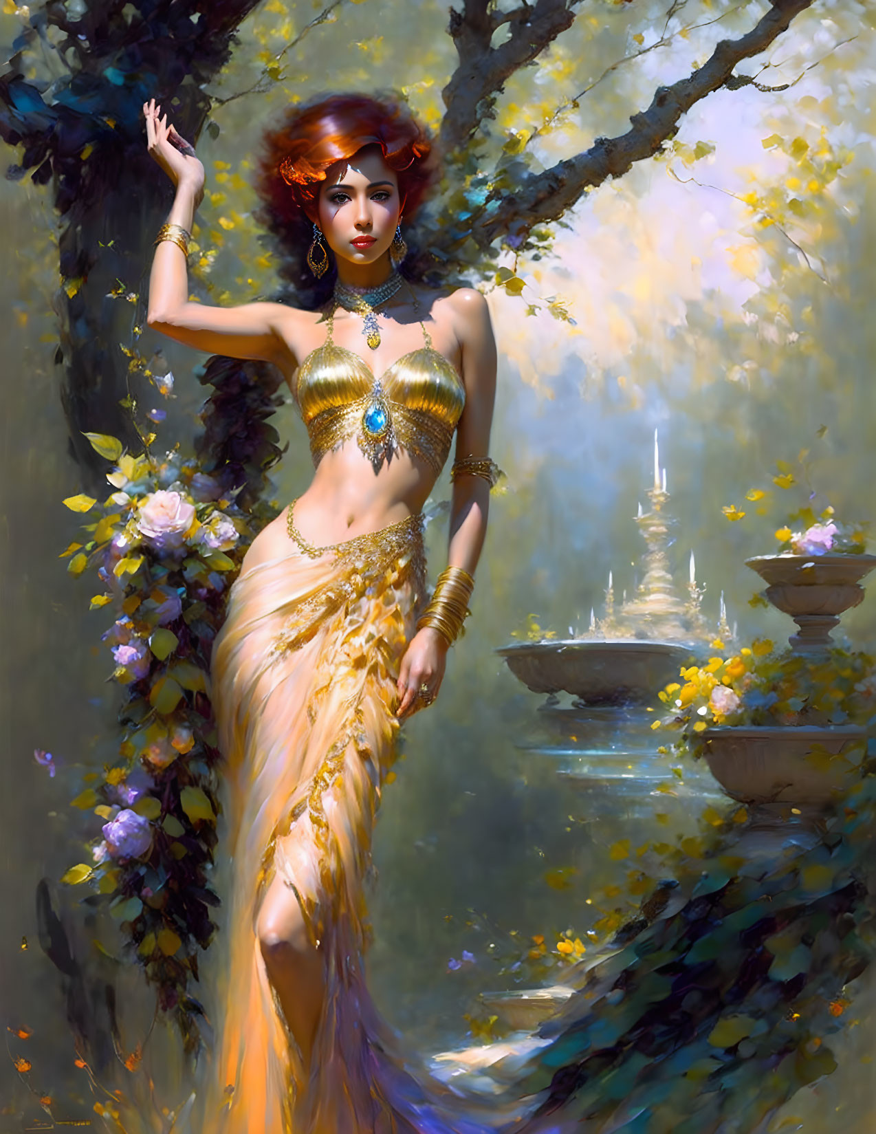 Red-haired woman in golden dress by blossoming tree in sunlit garden