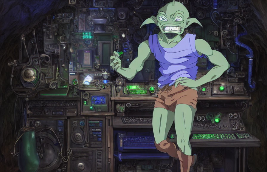 Green-skinned character in sleeveless top at illuminated console