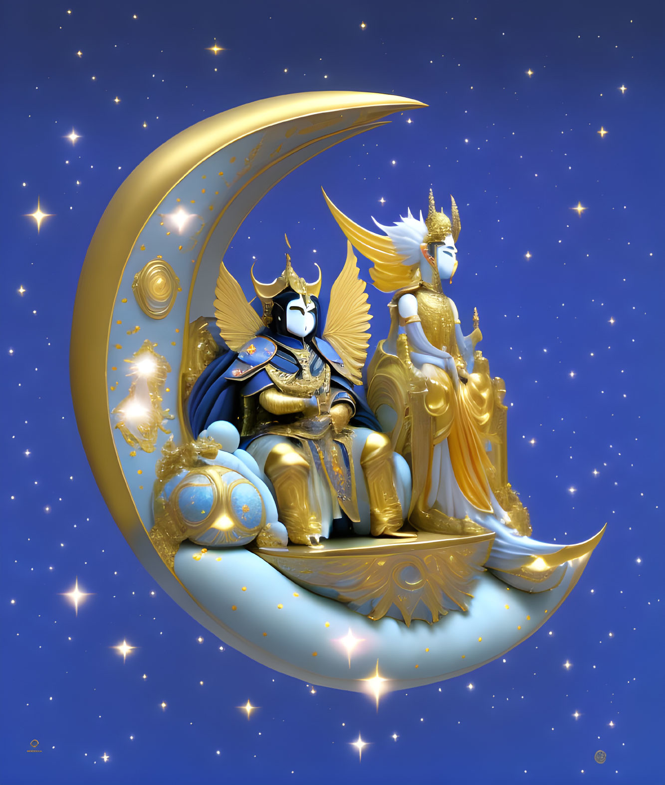 Ornate armored figures on crescent moon under starry sky