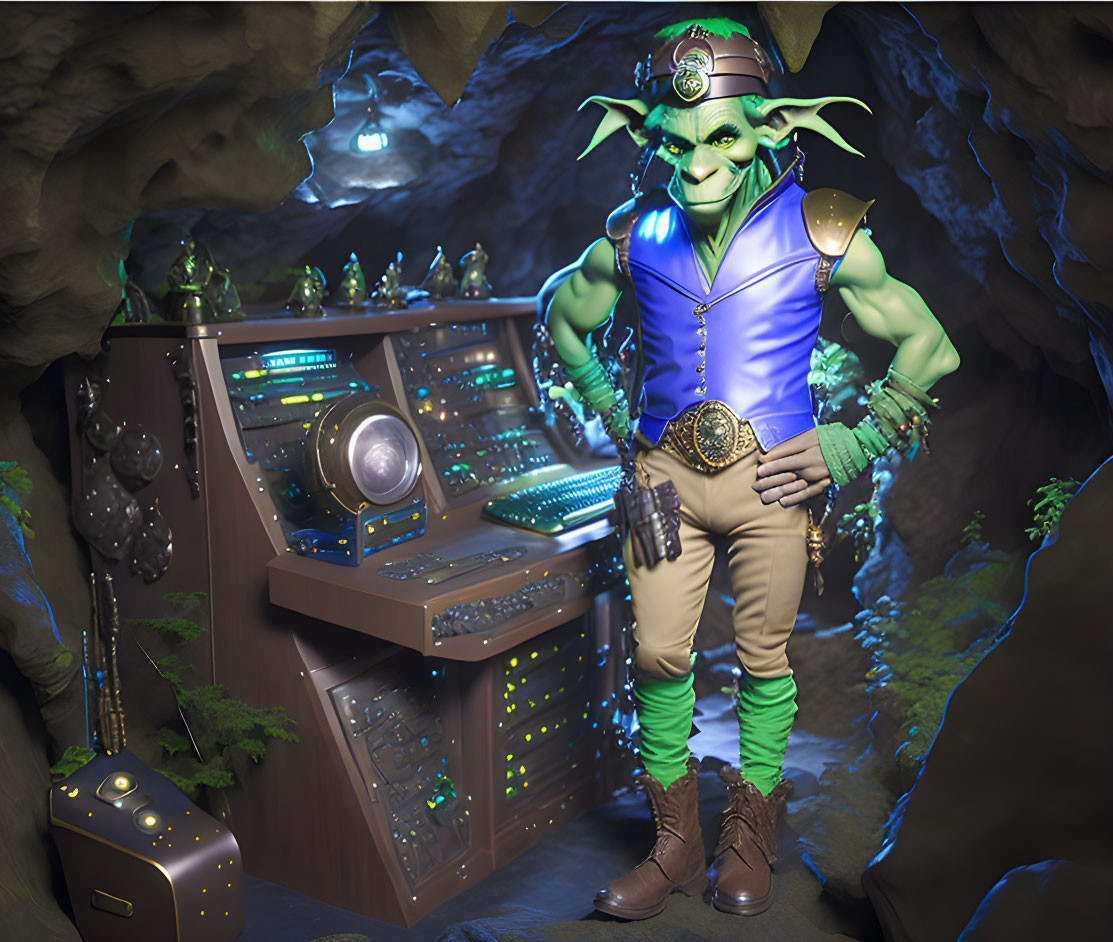 Fantasy green goblin in hat and outfit at control panel in cave environment