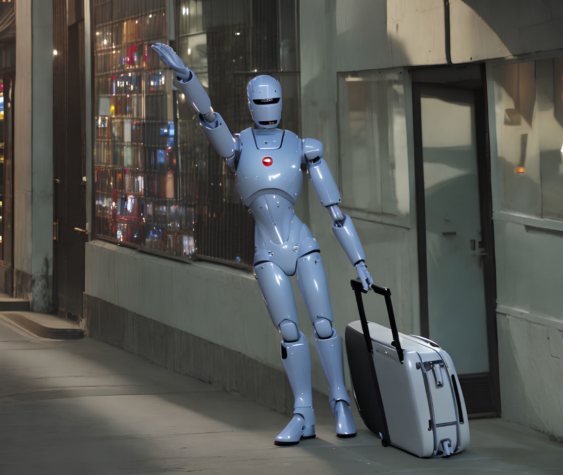 Silver humanoid robot hails cab in urban night scene