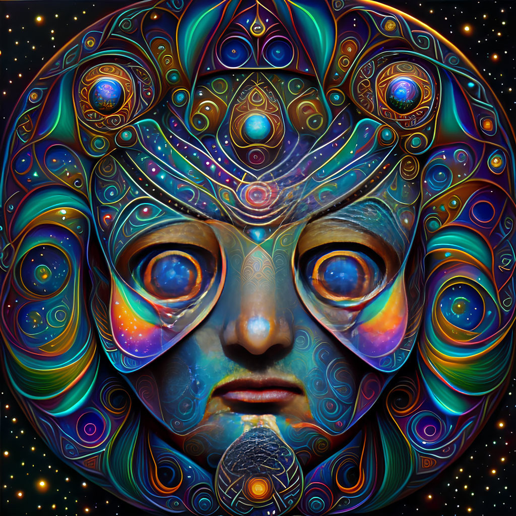 Vibrant digital artwork: intricate patterns and cosmic motifs