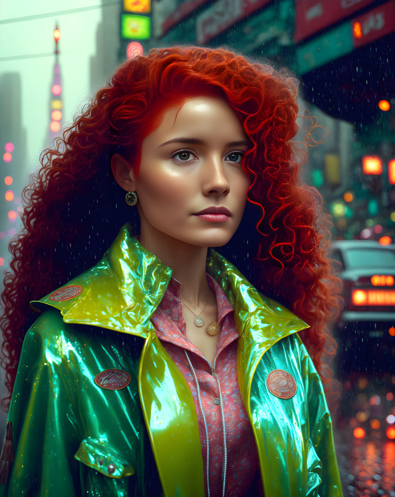 Red-haired woman in yellow raincoat against city lights background