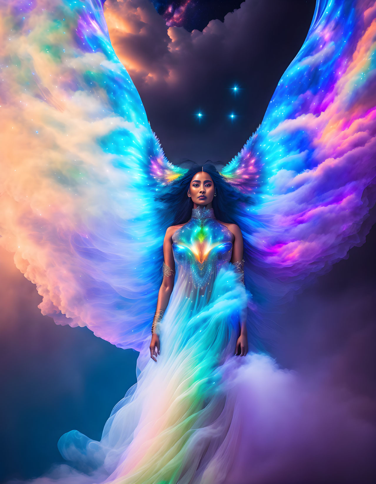 Woman with iridescent angel wings and colorful dress under celestial sky