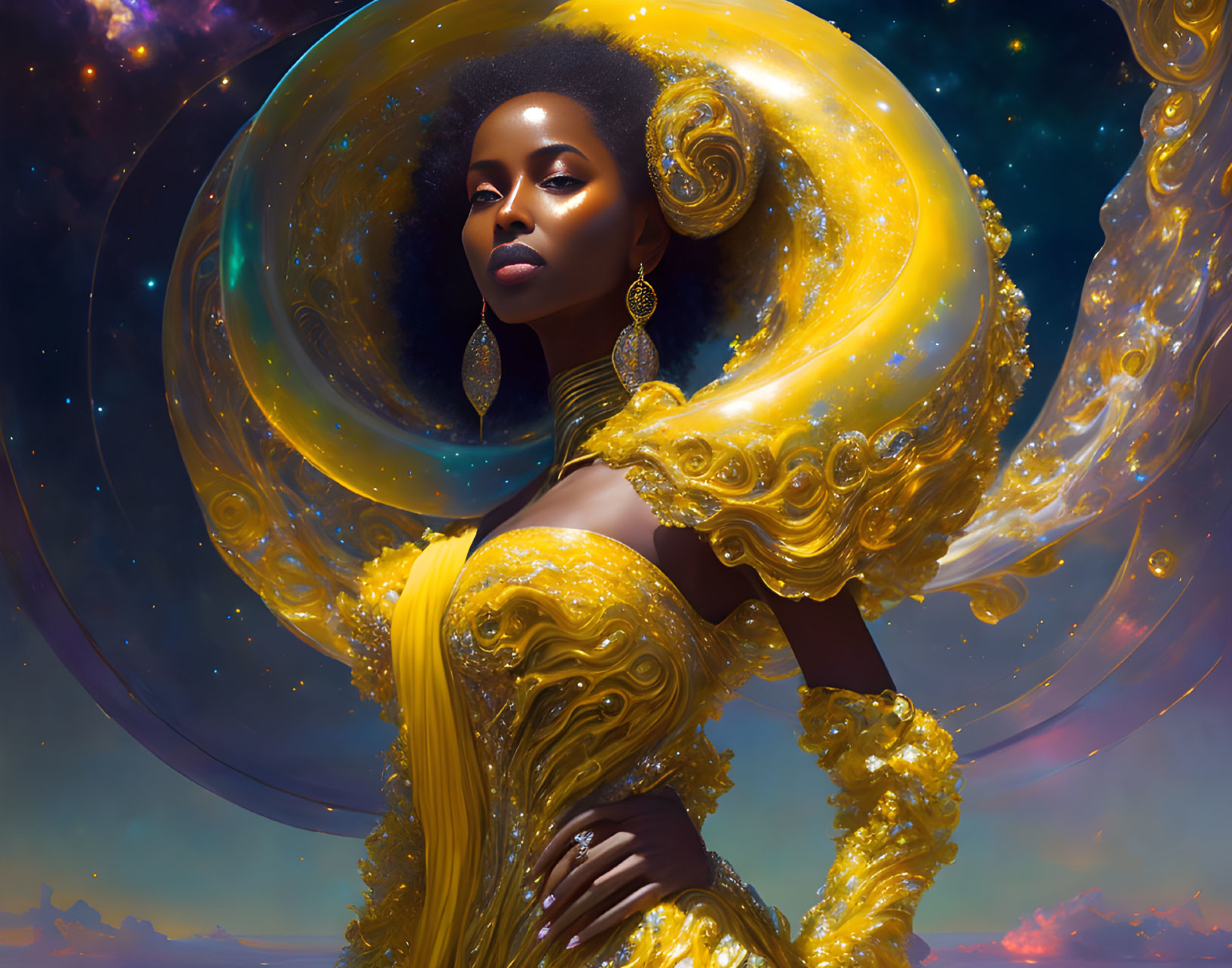 Regal Woman in Yellow Gown Amid Cosmic Backdrop