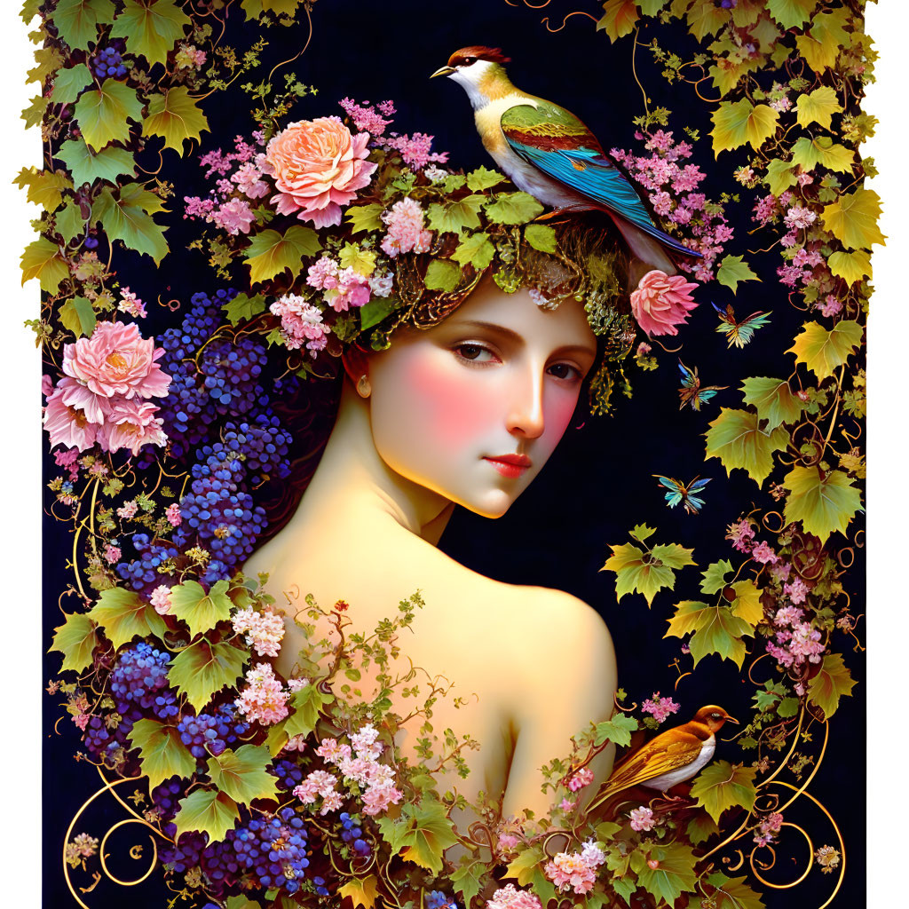 Woman with bird and flowers
