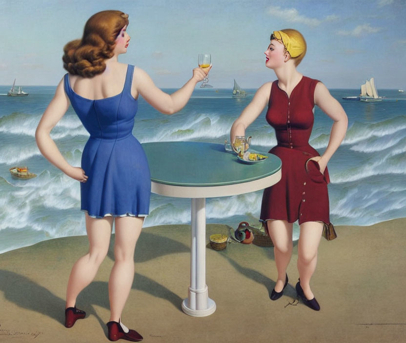 Two cartoon women in retro dresses toasting by table at seaside