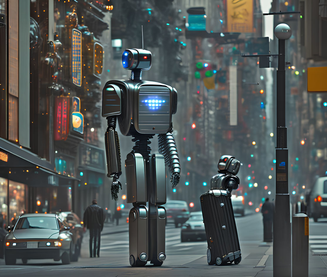 Pair of humanoid robots strolling in busy urban setting, one with screen torso and the other holding luggage