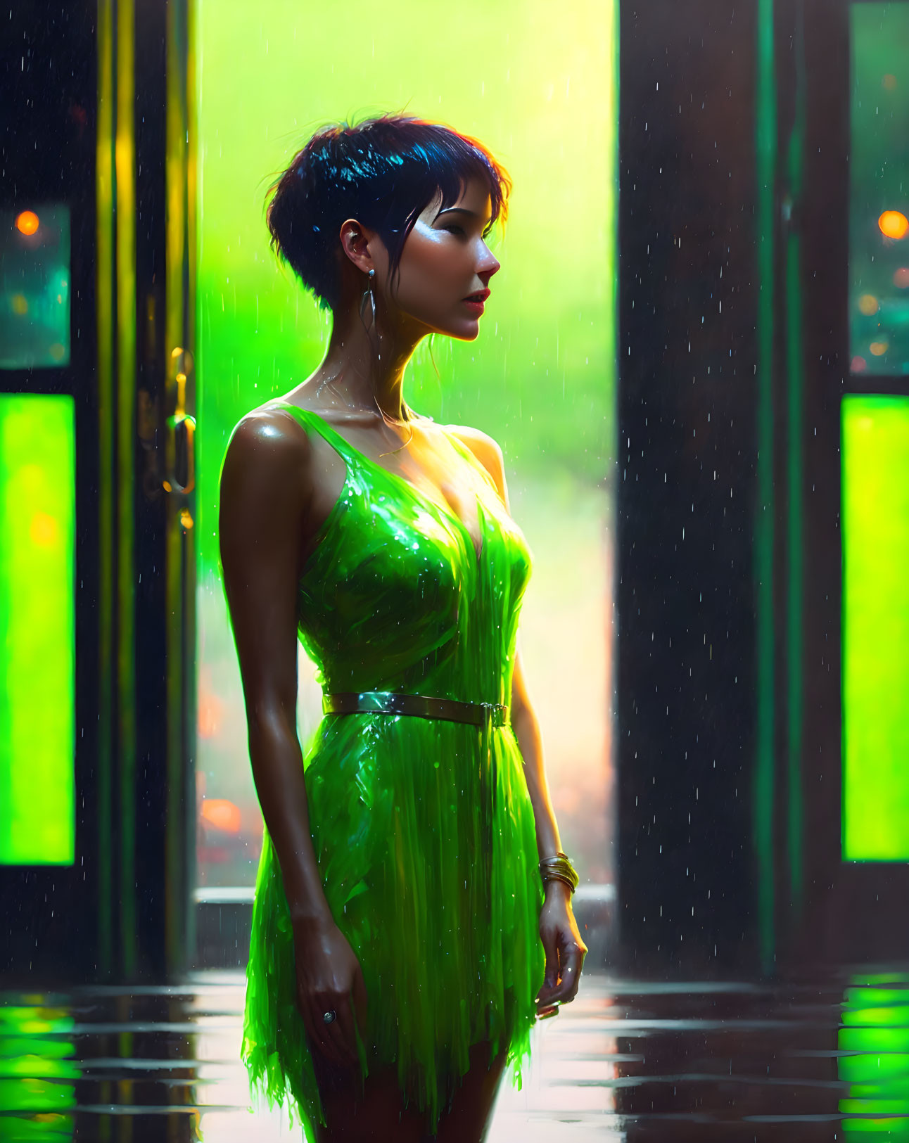 Woman in green dress by door under colorful lights with raindrops