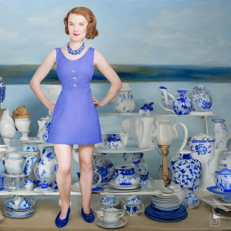 Woman in Blue Dress Stands by Blue and White Porcelain Shelf