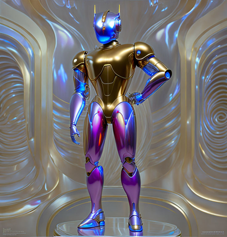 Futuristic humanoid robot in gold and blue in illuminated chamber