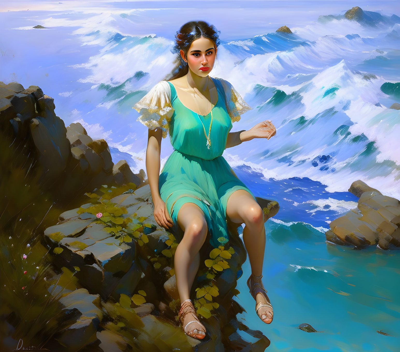 Woman in teal dress sitting on rocky outcrop by ocean waves