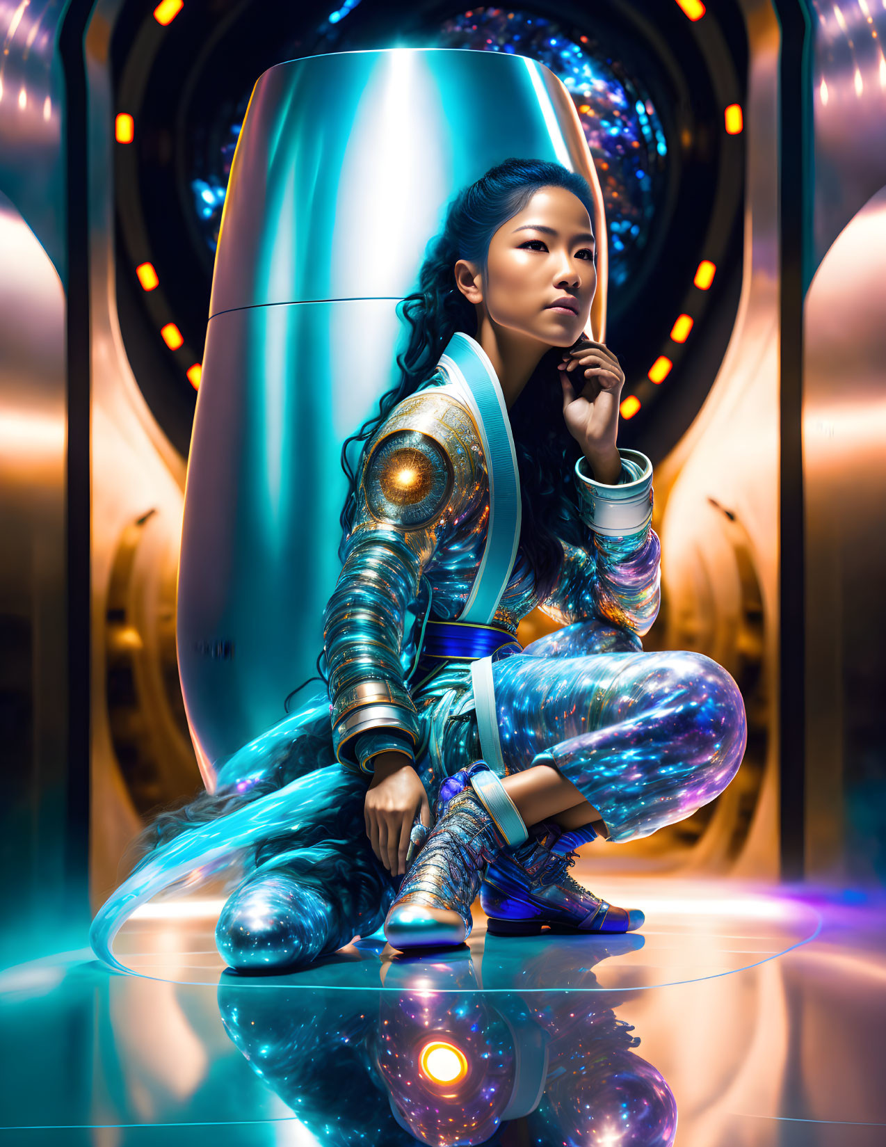 Futuristic woman in metallic clothing in neon-lit corridor