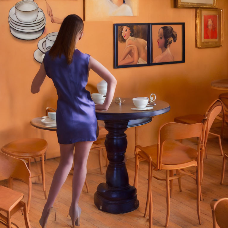 Woman in Blue Dress at Cozy Cafe with Paintings