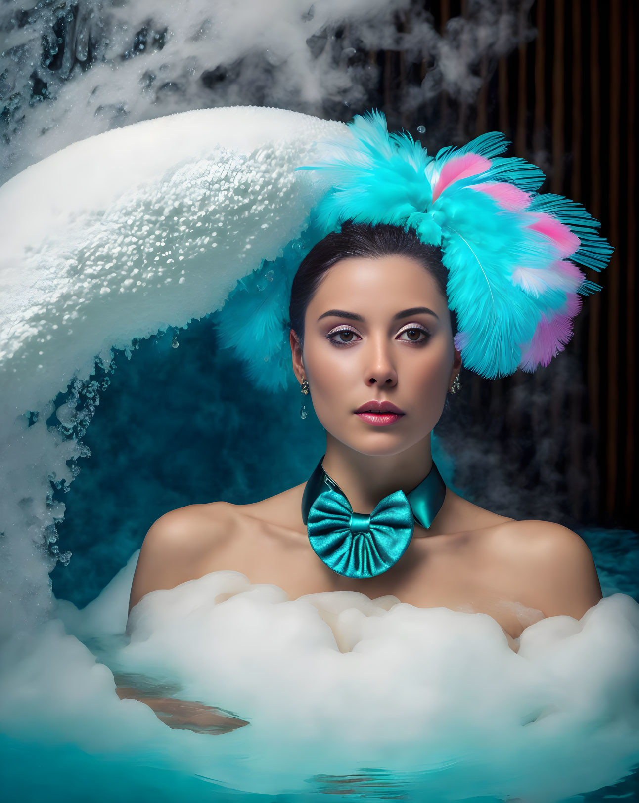 Woman with Striking Makeup and Turquoise Feather Accessories in Bubble Bath