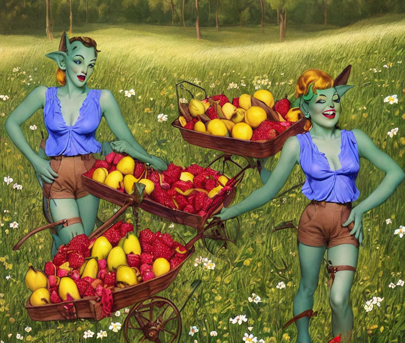 Blue-skinned Elf-like Characters with Fruit Cart in Meadow