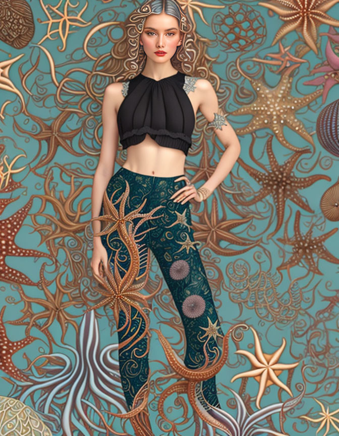 Digital Art: Woman with Sea Creature Patterns in Marine-themed Outfit