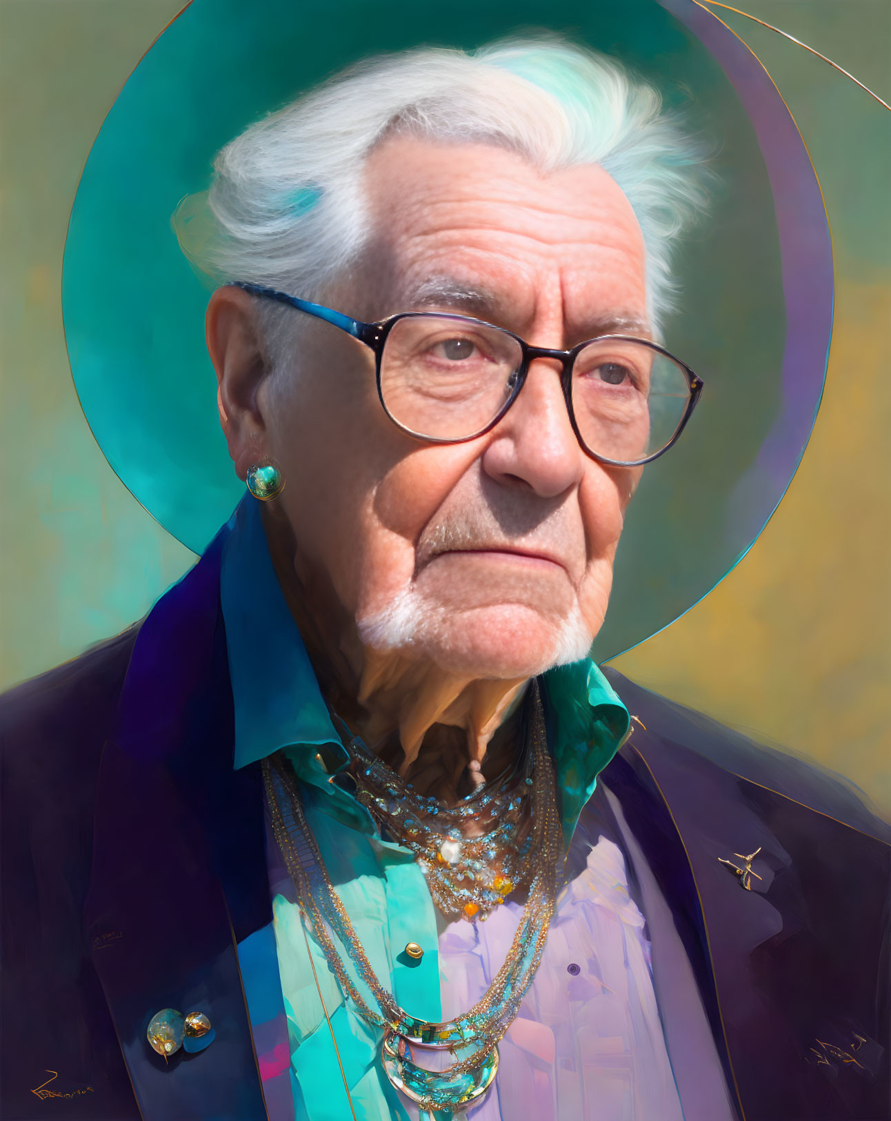 Elder person with white hair and blue blazer on gradient background