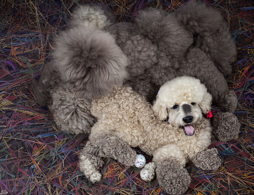 Three poodles on abstract rug with ball.