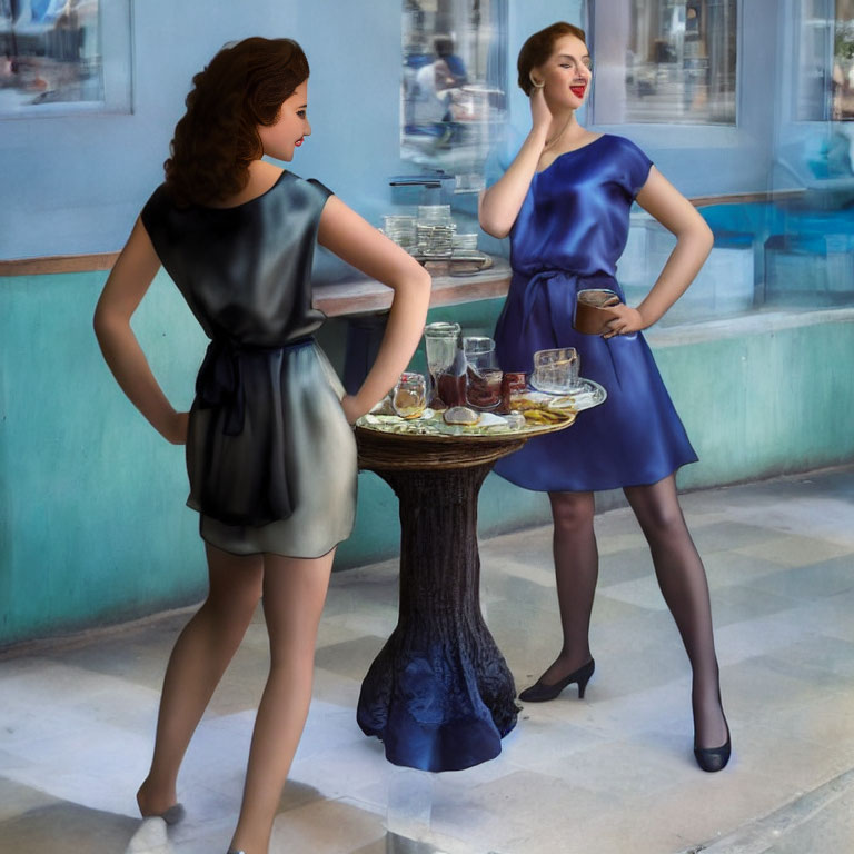 Two elegantly dressed women in vintage attire near a cafe window, one in black and the other in