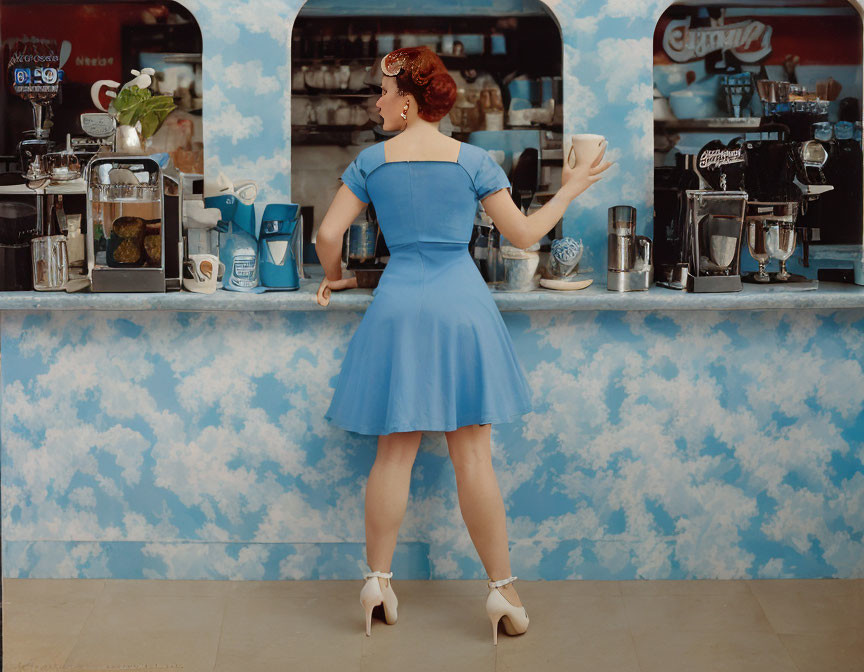 Woman in Blue Retro Dress and High Heels at Cafe Counter