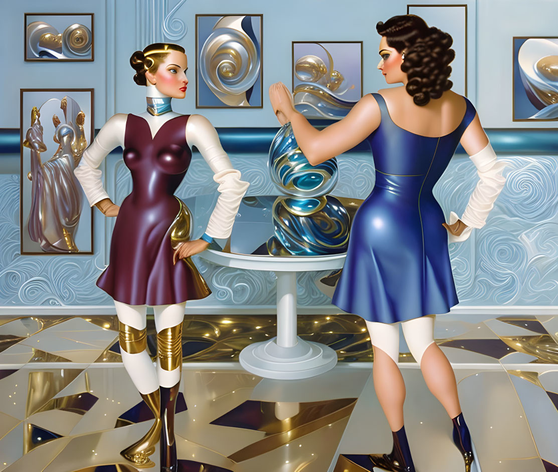 Stylized women in retro-futuristic attire in sleek metallic room