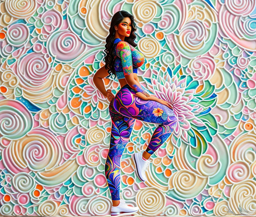 Vibrant digital artwork of woman in floral body paint on swirling background