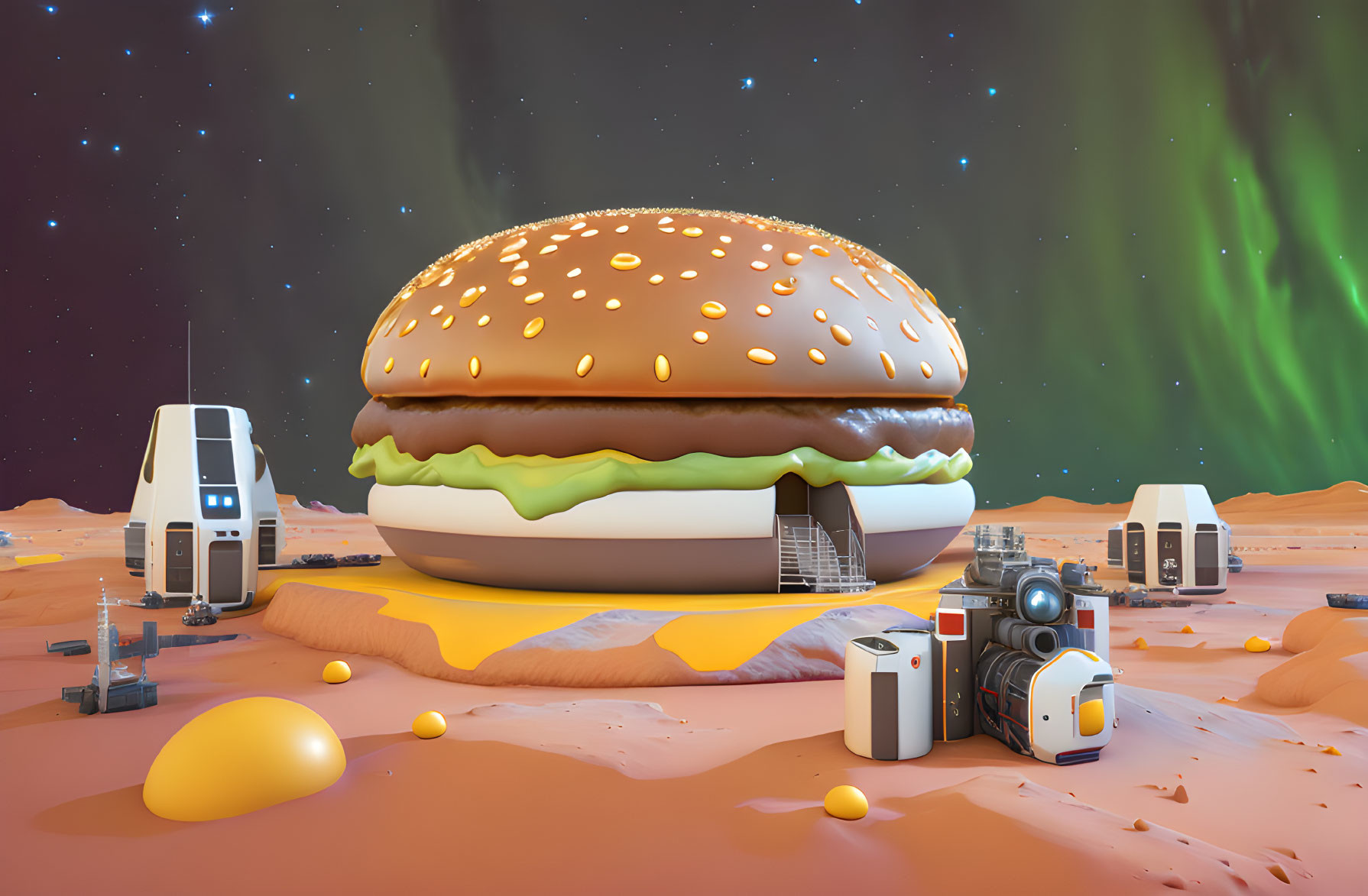 Giant Burger with Lettuce and Cheese on Martian Landscape with Robotic Equipment and Eggs