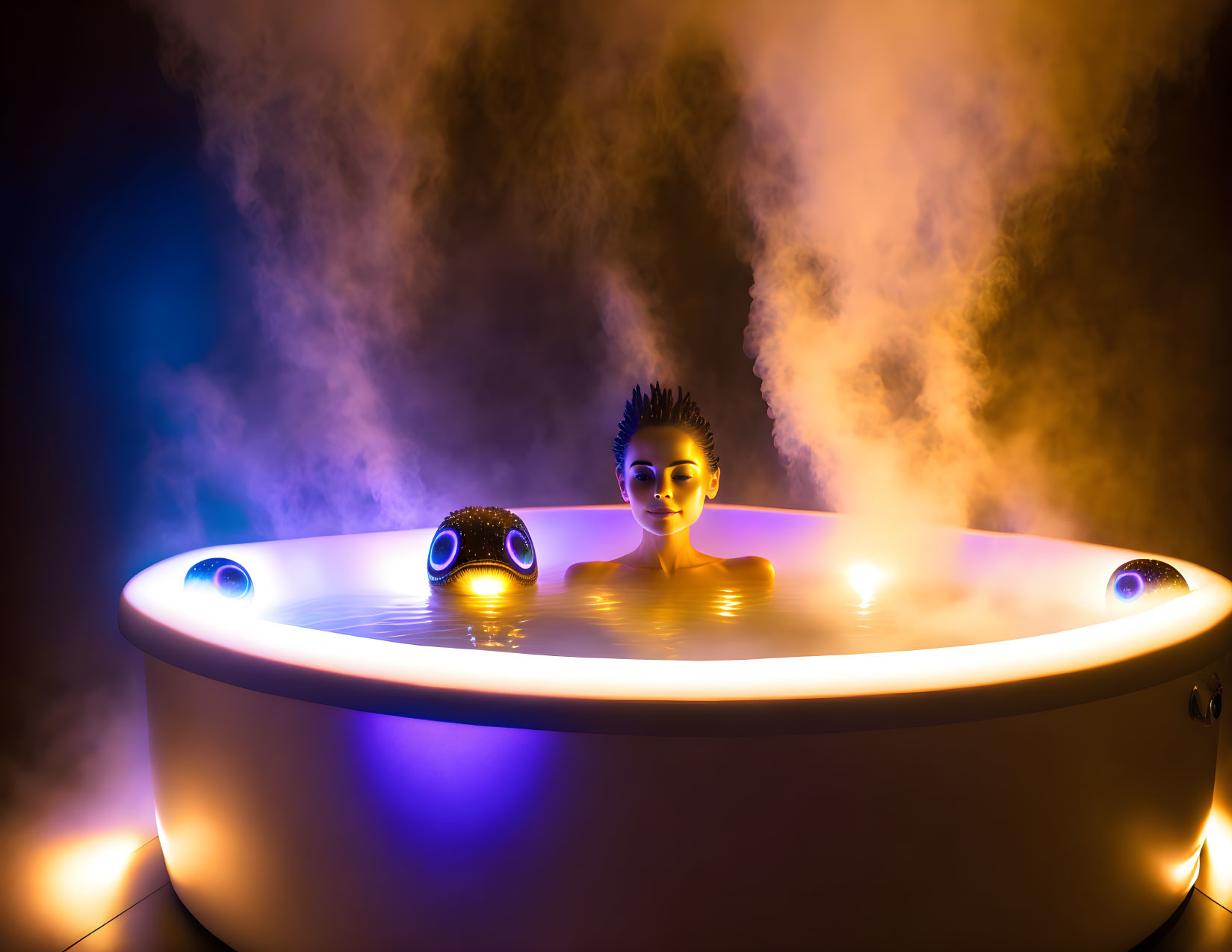 Spiked hair person with goggles in misty bathtub light