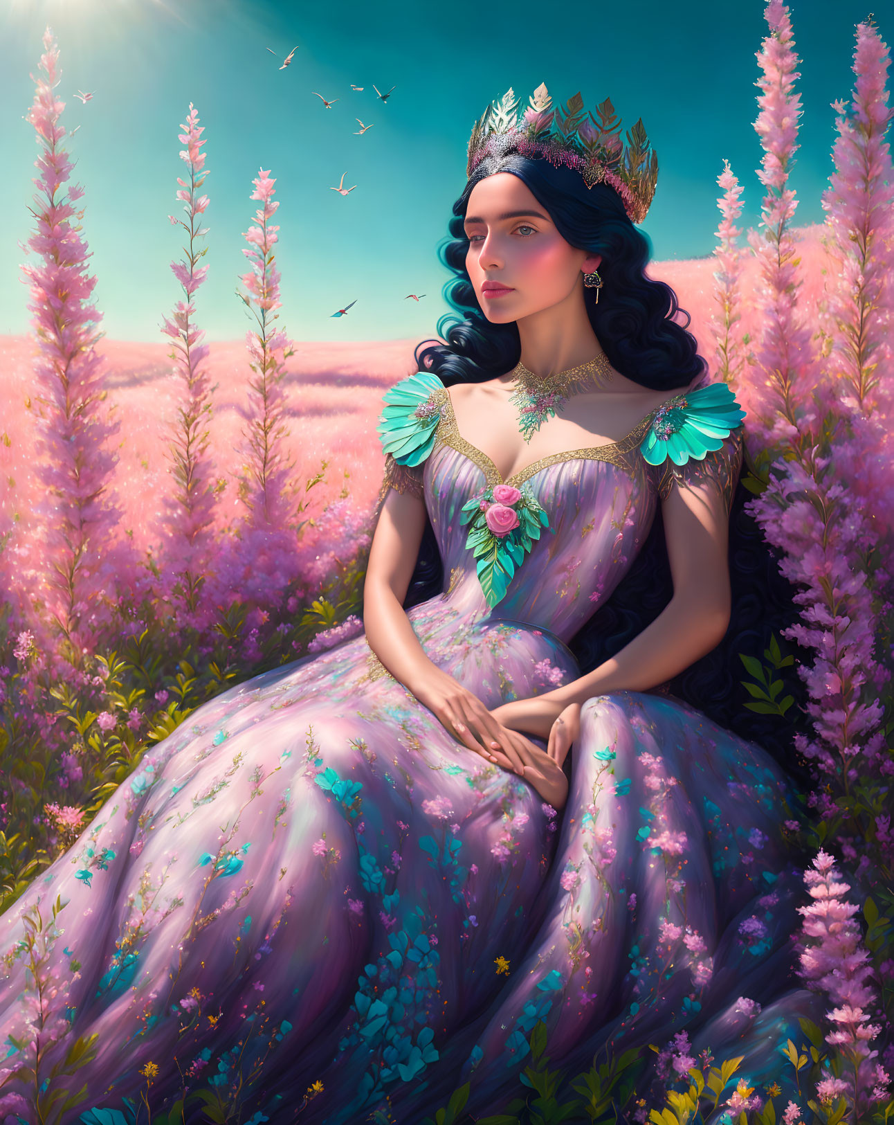 Regal woman in floral gown and tiara surrounded by pink flowers and butterflies under vibrant sky