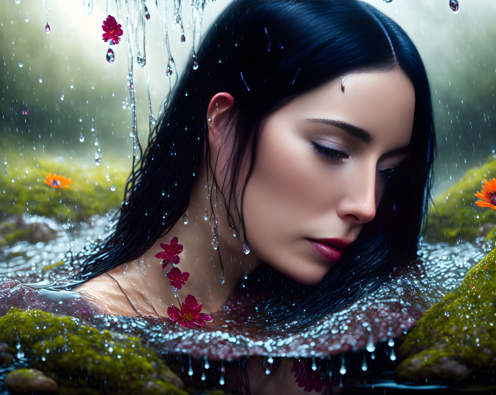 Woman submerged in water with red flowers and raindrops creating ripples.