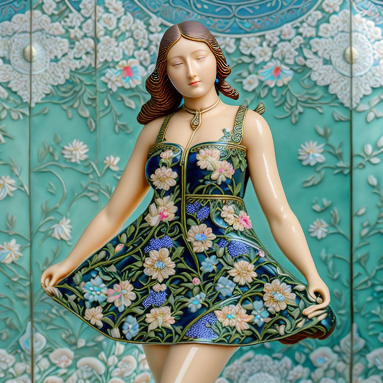 Porcelain woman figurine in floral dress on blue background