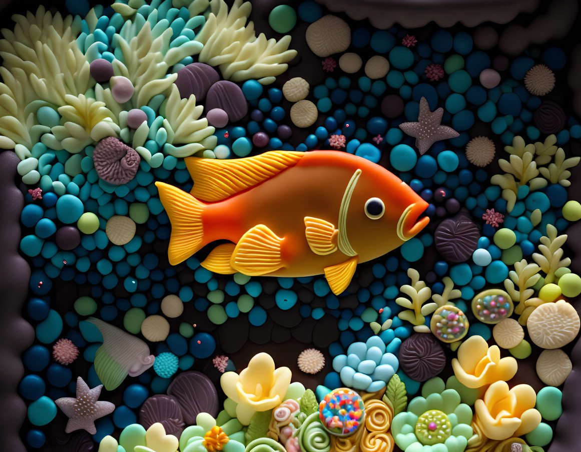 Colorful Clay Art-Style Orange Fish Swimming in Textured Underwater Scene