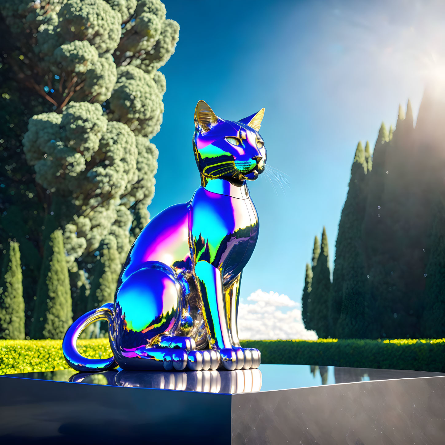 Iridescent sculpted cat in serene garden with tall trees