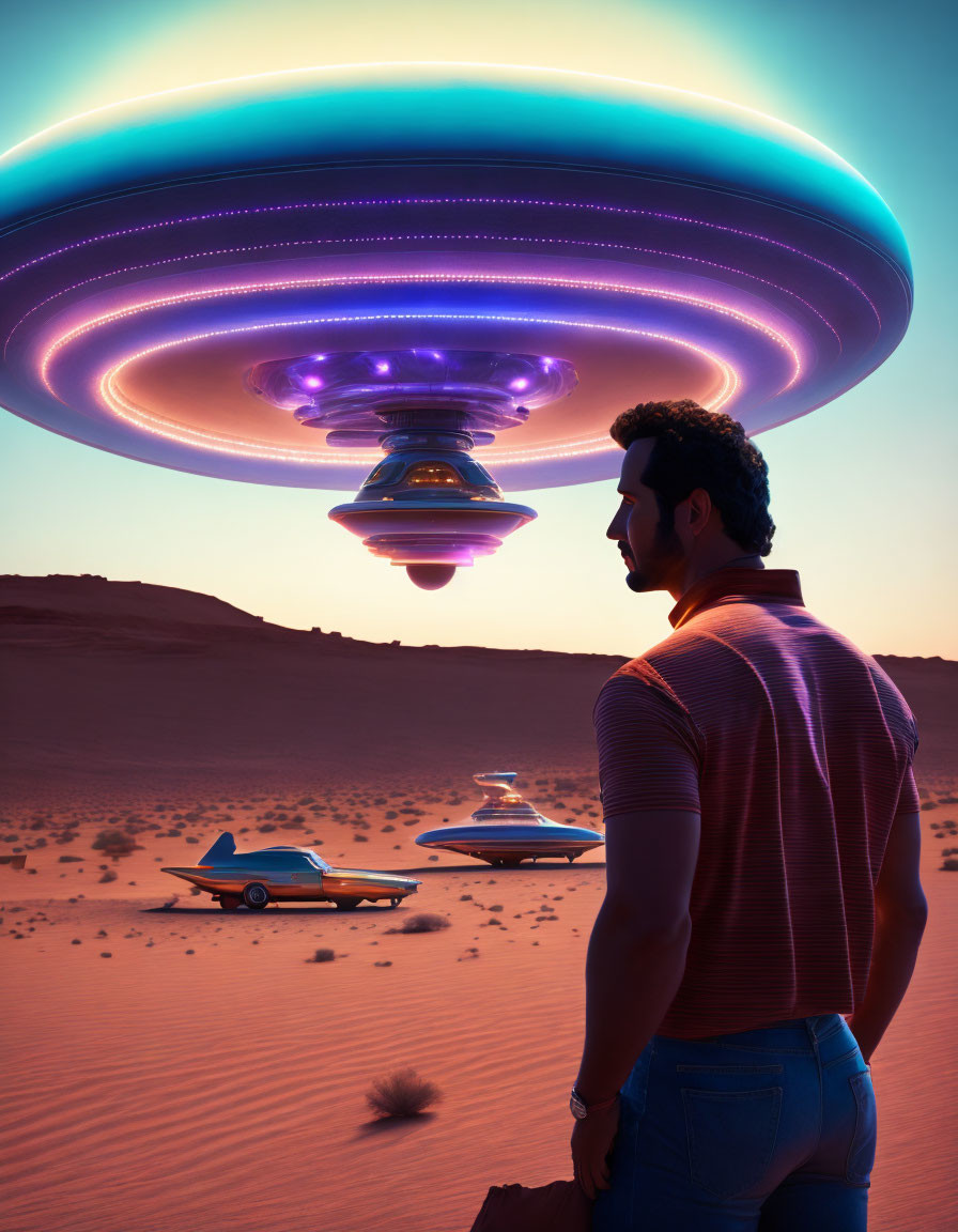 Massive UFO hovers over desert with futuristic cars at dusk