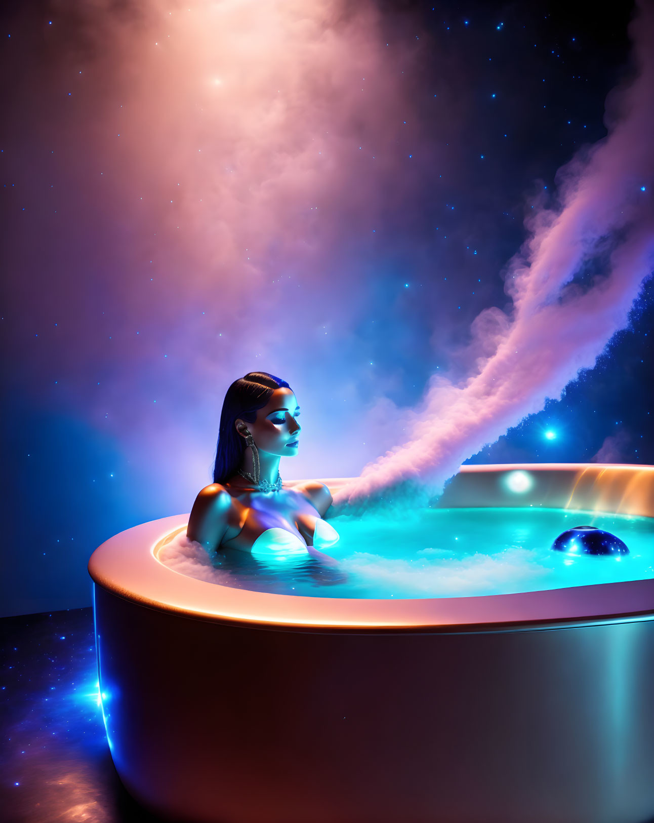 Woman in futuristic glowing bathtub under starry nebula with swirling vapors