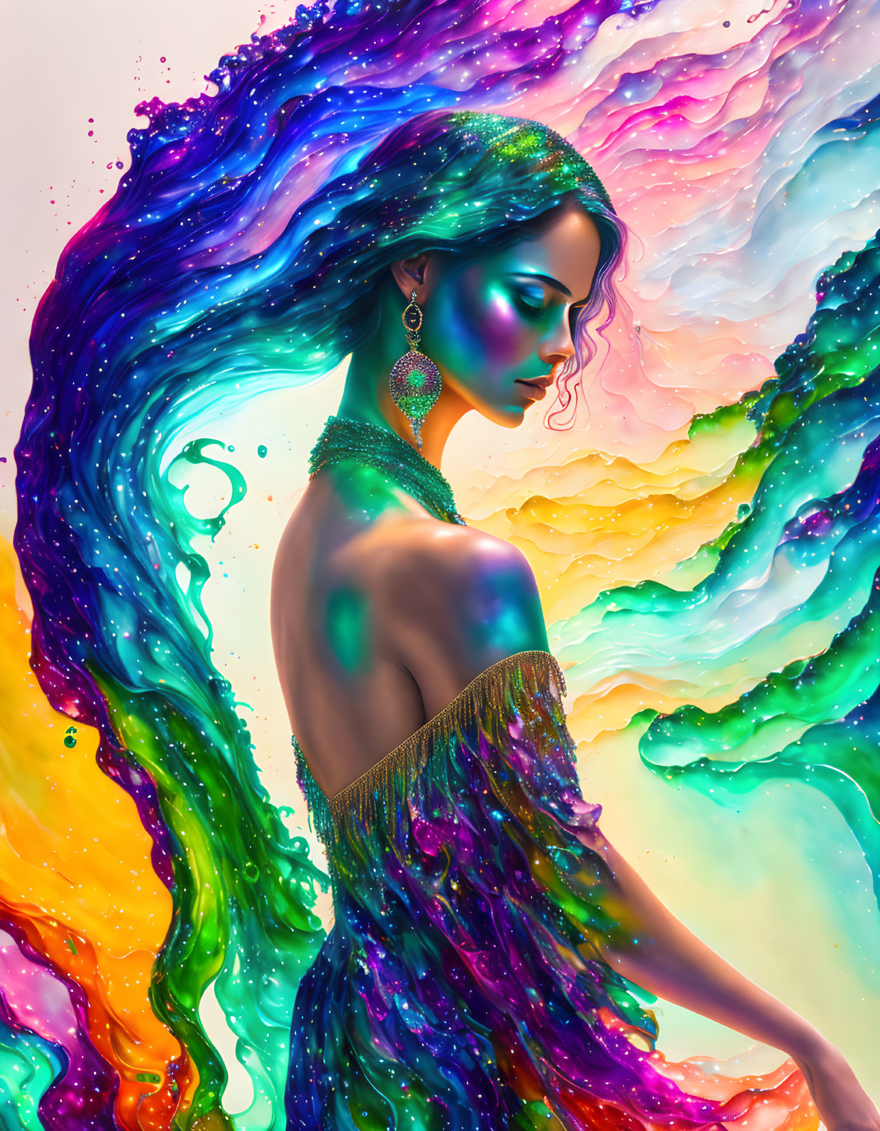 Colorful digital artwork: Woman with flowing multicolored hair and glittery attire in dreamlike setting