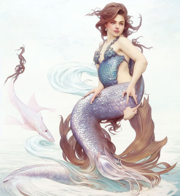 Mermaid with shimmering tail and flowing hair in misty sea setting