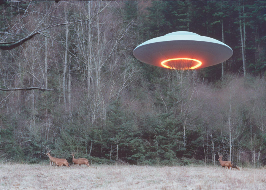 Mysterious UFO hovers over forest clearing with grazing deer