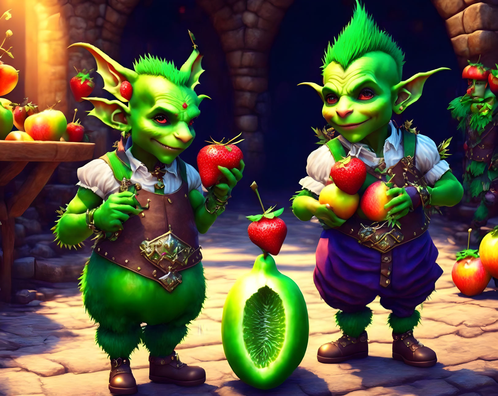 Two smiling green goblins with strawberries in a stone archway setting.