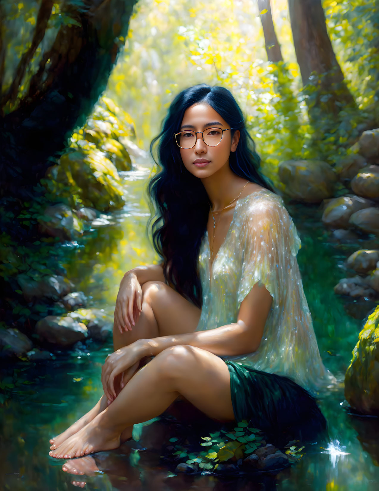 Woman with glasses sitting by sunlit forest stream surrounded by lush trees