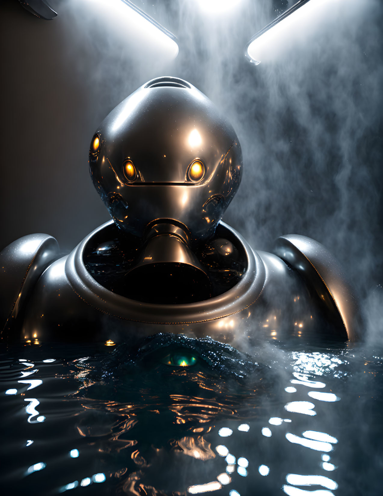 Futuristic robot emerges from water with illuminated eyes